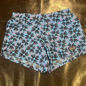 Patagonia Kids Floral Print Blue and Black Shorts with Pink Accents